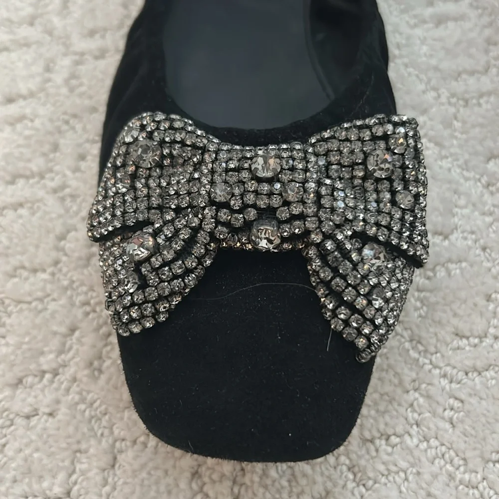 Tory Burch Black Crystal Bow Suede Ballet Flats